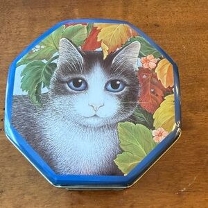 Vintage Octagonal Cat Tin with Blue Edges